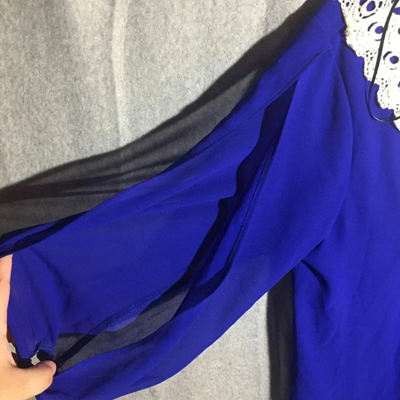 Womens Sage Dress V Neck Embroidery Royal Blue Formal Flowy Dress Slit Sleeve - Picture 6 of 6